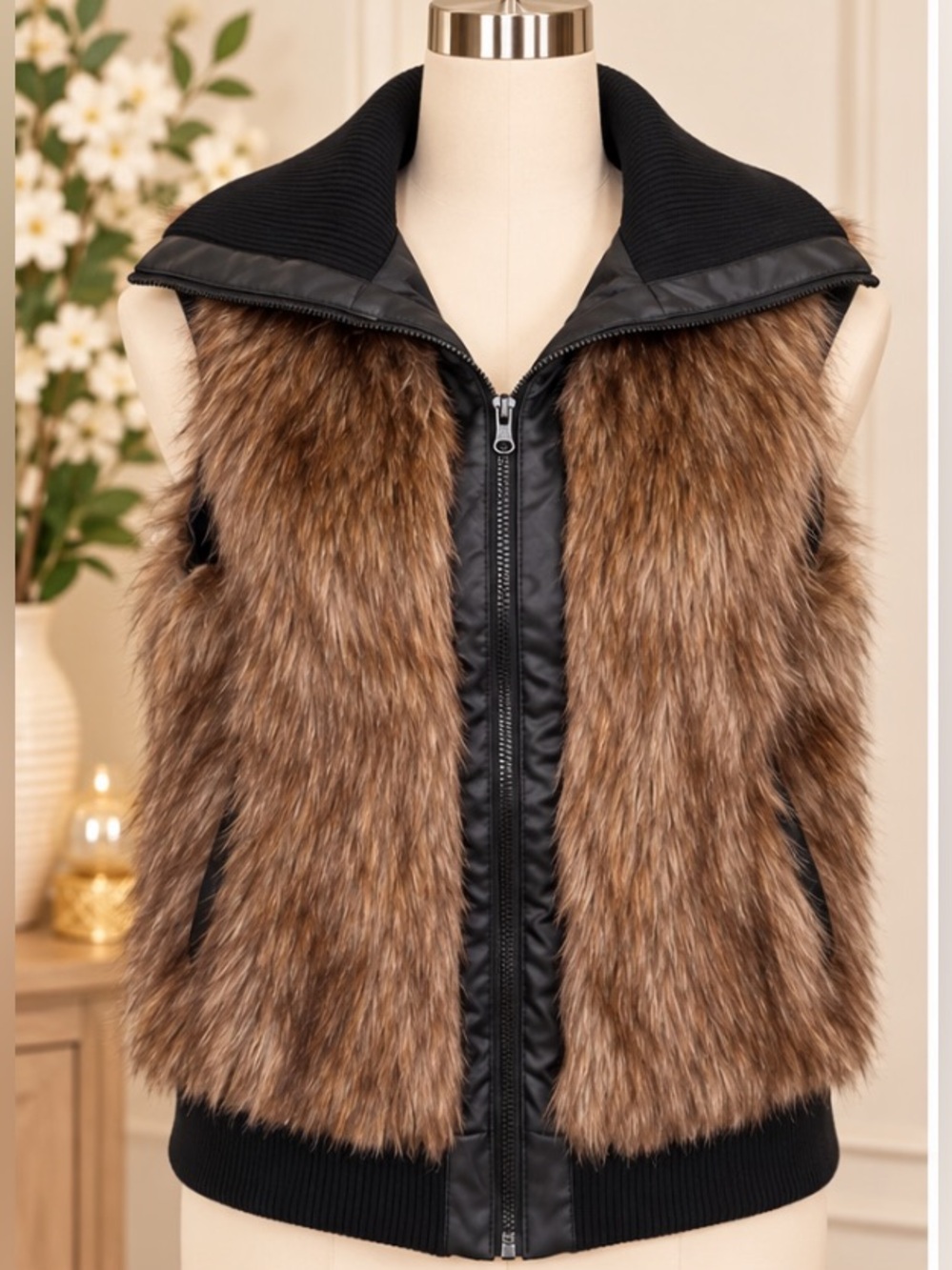Rue21 Brown Faux Fur Zip-Up Vest with Black Trim